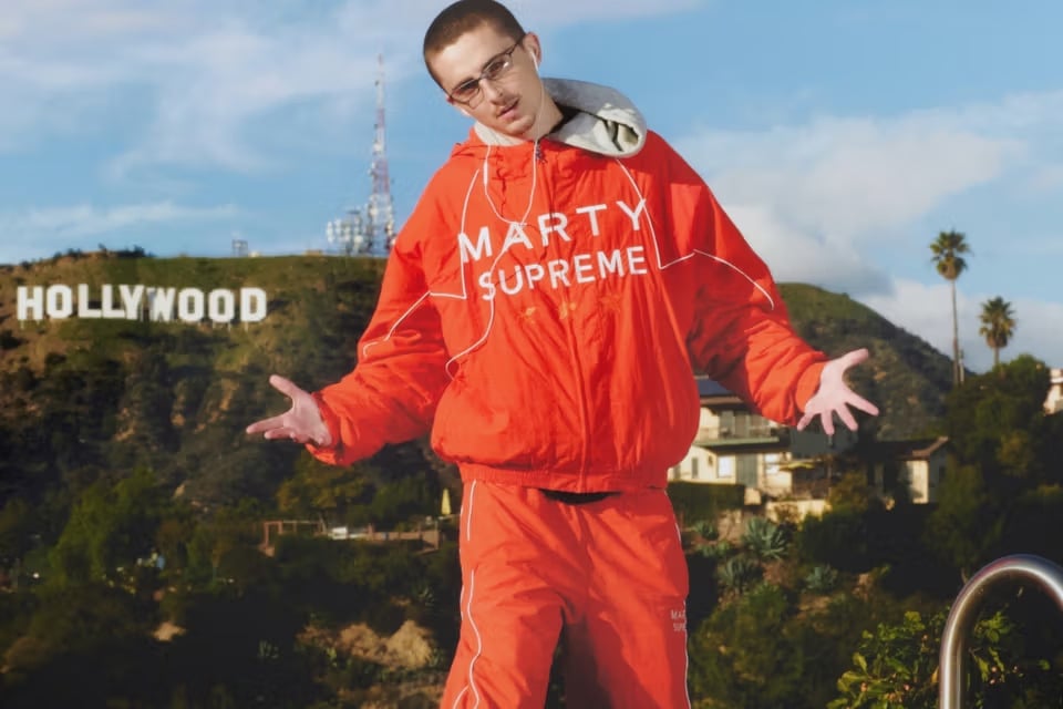 Timothée Chalamet in Nahmias "Marty Supreme" tracksuit.