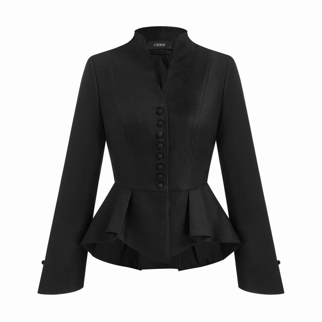 The Cider V-Neck Button Split Peplum Jacket against a white background