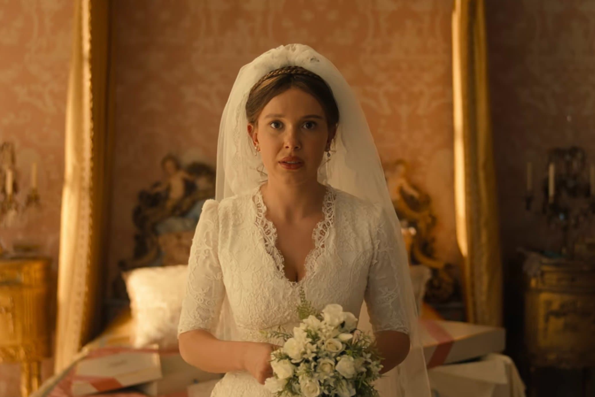 Enola's (Millie Bobby Brown) first wedding dress in "Enola Holmes 3"—which gets destroyed.