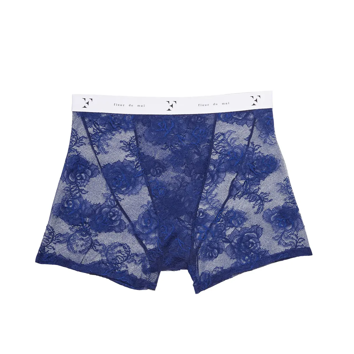 Fleur de Mal Bouquet Lace Boxer Brief in Midnight Navy against a white background.