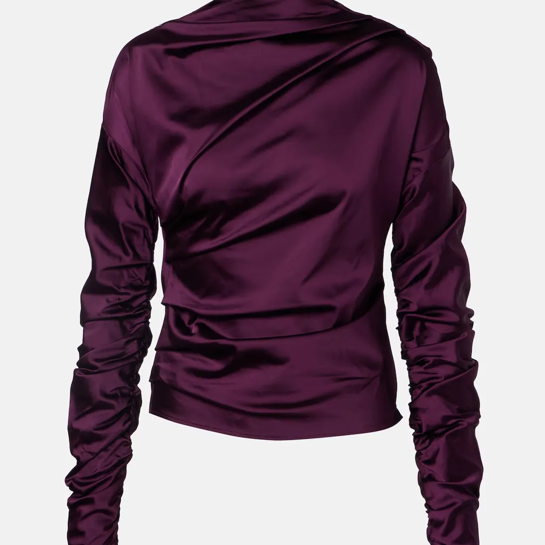 The Ganni Draped Top in a glossy plum color, against a gray background