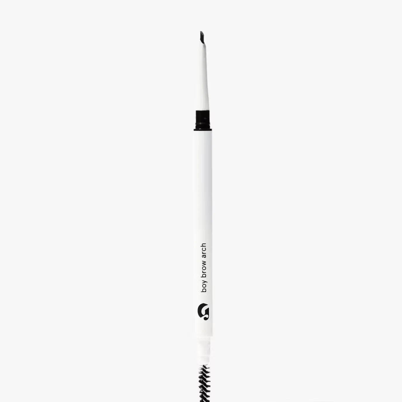 A Glossier brow pencil in a white tube against a white background