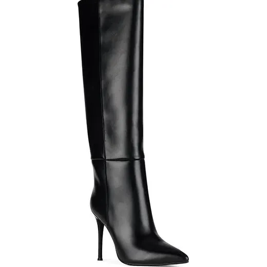 The Jeffrey Cambell Arsen Knee High Stiletto Boot in black against a white background.