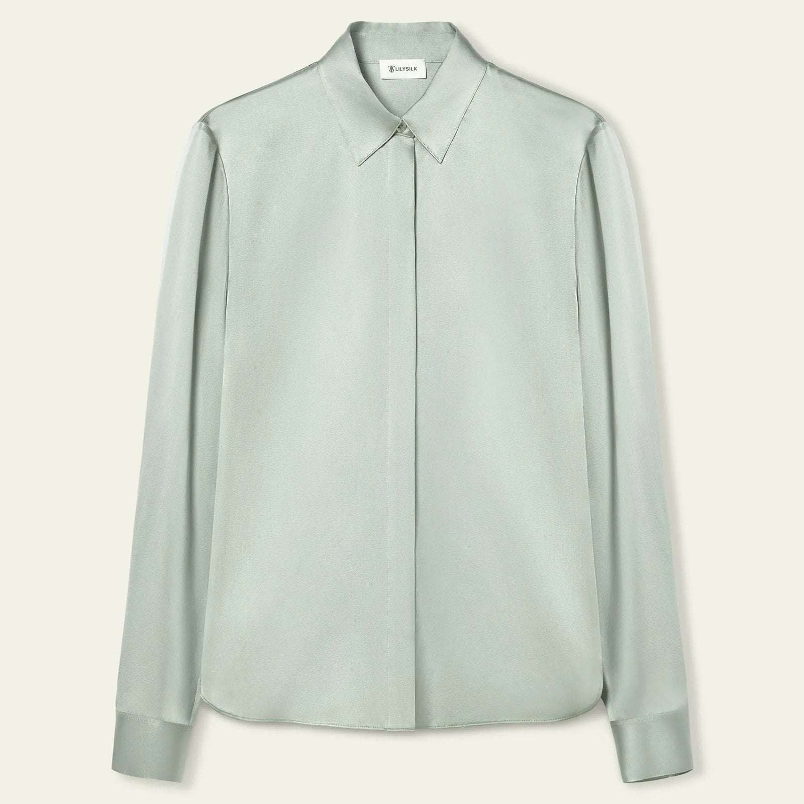 Lilysilk Elegant Silk Slim Fit Shirt in a sage color against a cream background