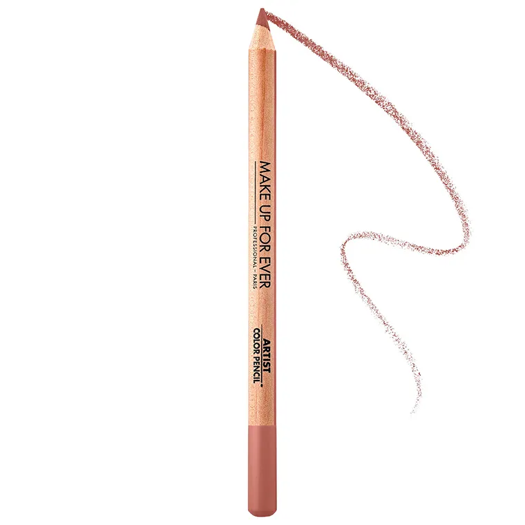 A wooden lip pencil in a soft rose shade against a white background