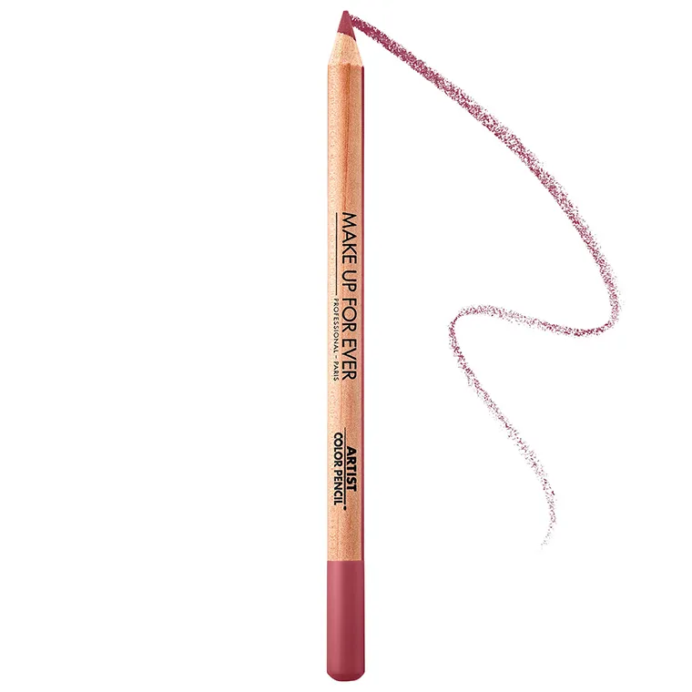 A wooden lip pencil in a soft berry tone against a white background