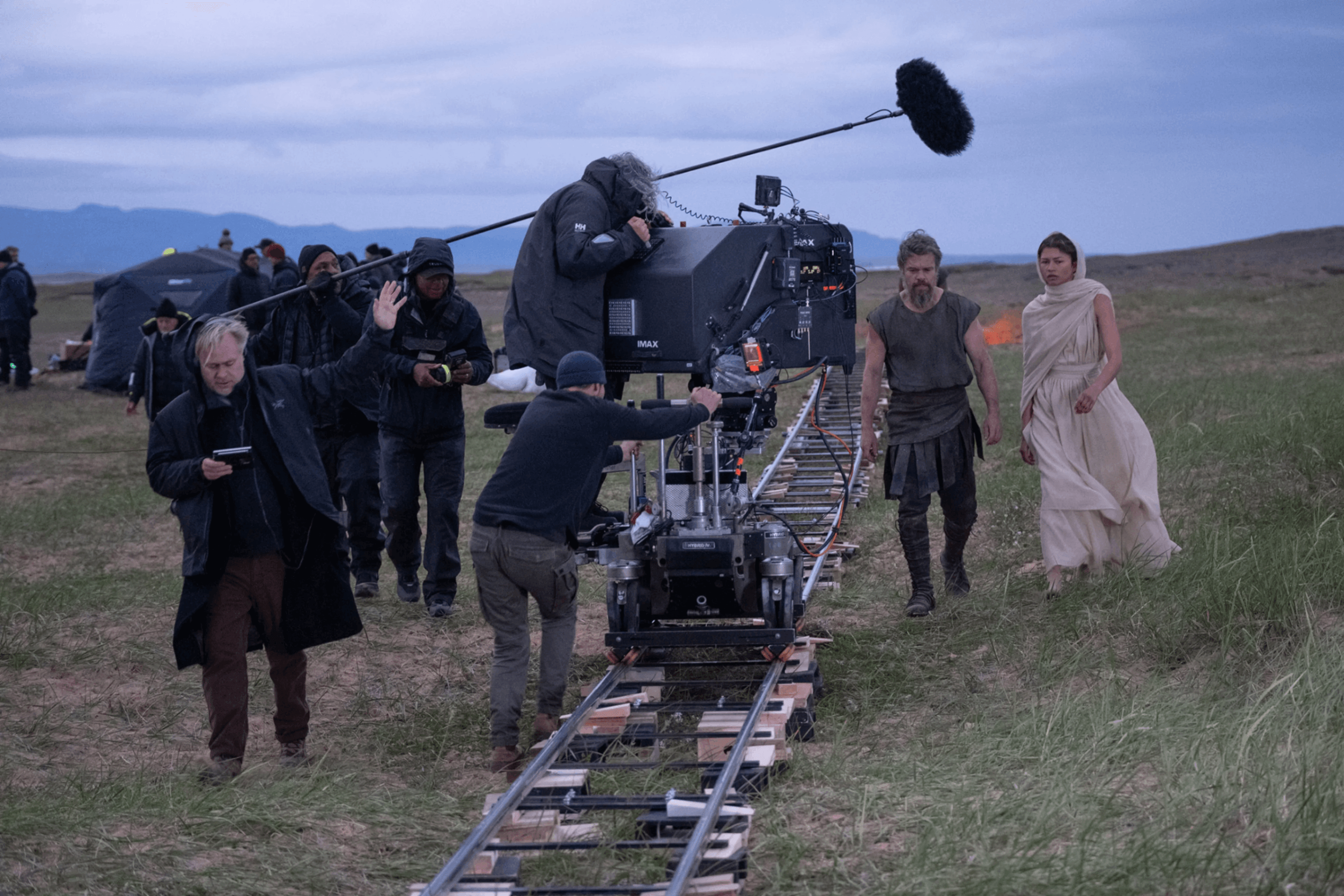 Nolan with Matt Damon and Zendaya on set of "The Odyssey."
