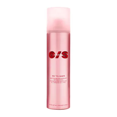 A pink bottle of the One Size makeup setting spray against a white background