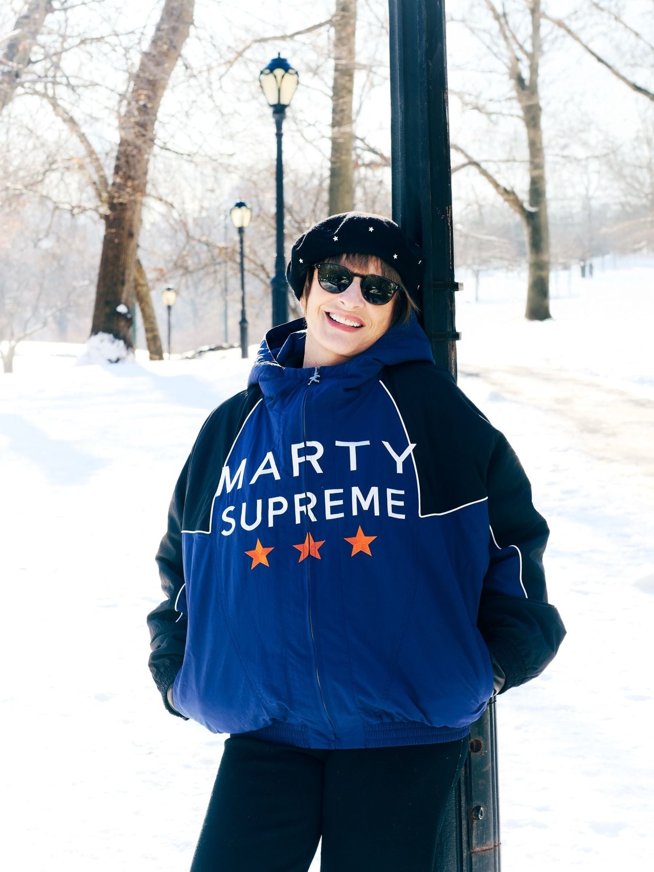 Patty LuPone in the "Marty Supreme" Nahmias windbreaker.