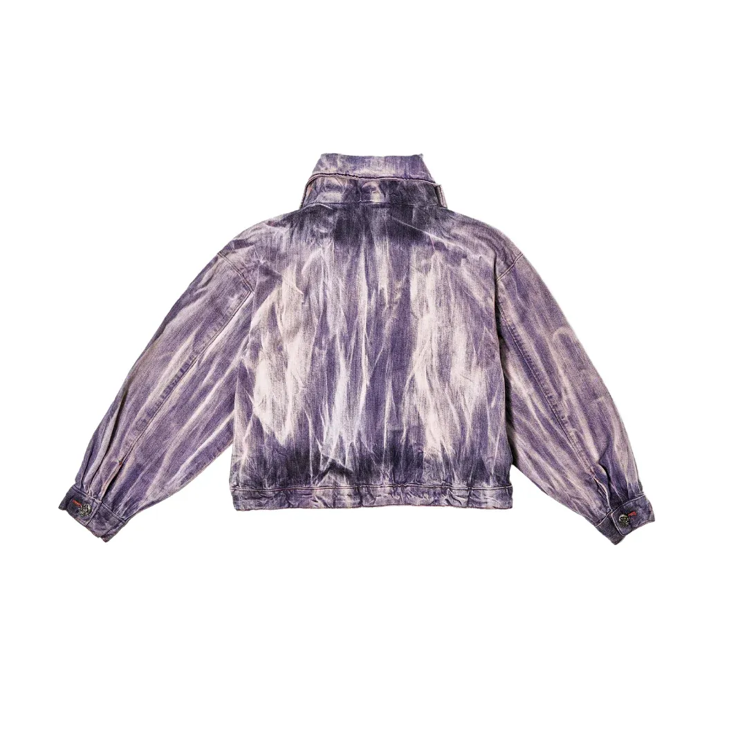 A Pipenco Lorena purple painted cropped denim jacket against a white background