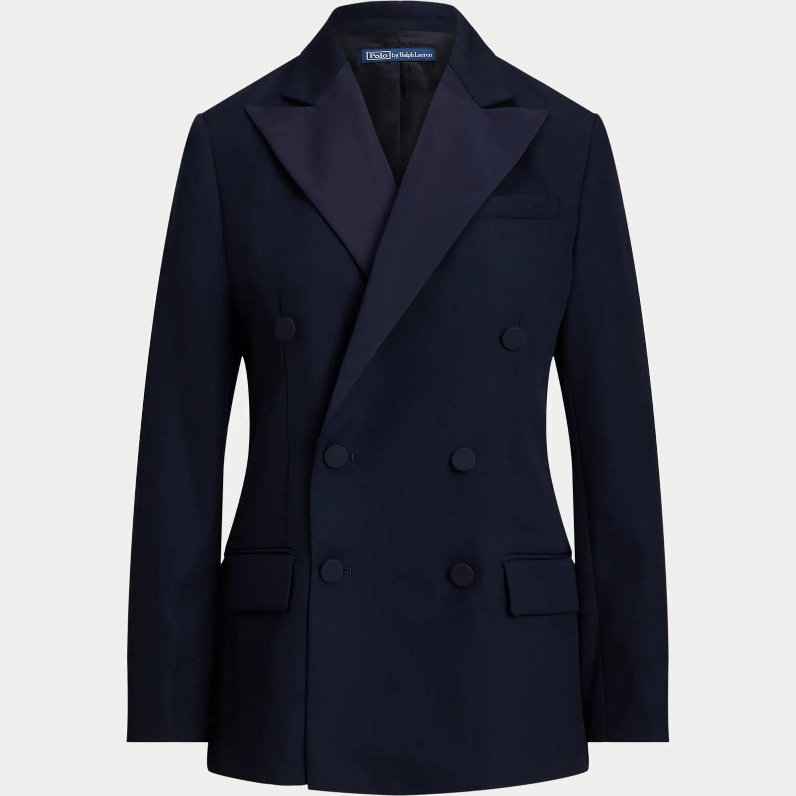 The Polo Ralph Lauren Double-Breasted Silk-Lapel Wool Blazer against a white background