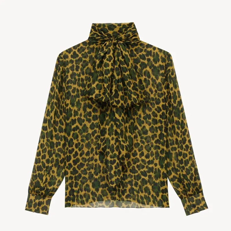 Saint Laurent Lavallière Blouse in leopard silk muslin against an off-white background