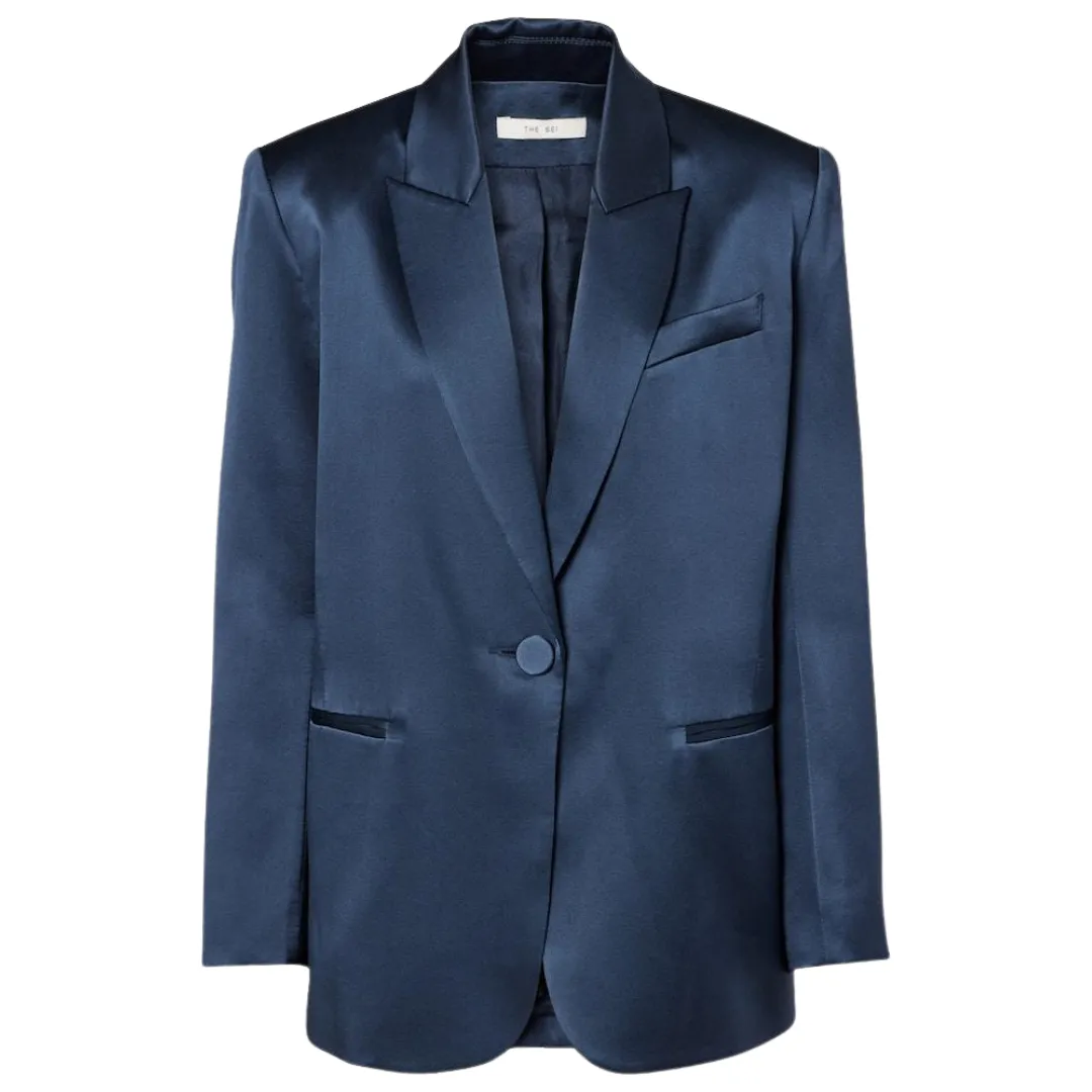 The Sei Oversized Silk Blazer in a navy blue against a white background