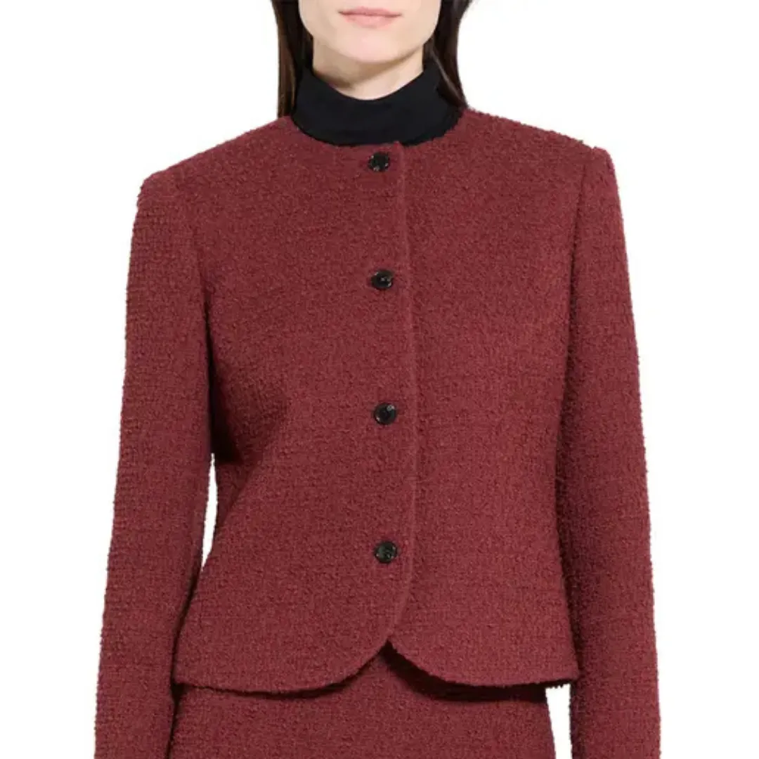 A model wears theTheory Tweed Jacket in a burgundy color