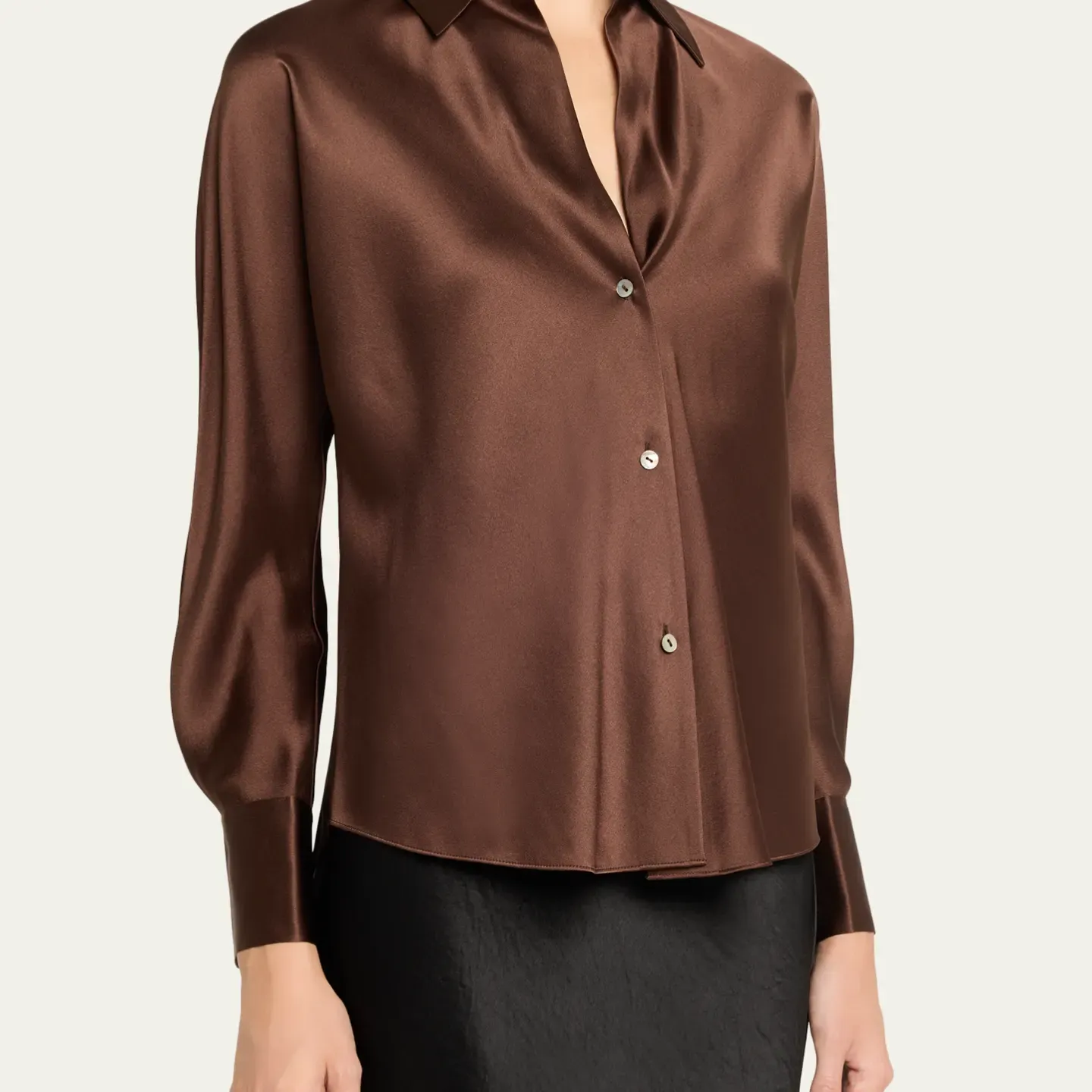A model wears the Vince Bias Silk Long-Sleeve Blouse in a chocolate brown color