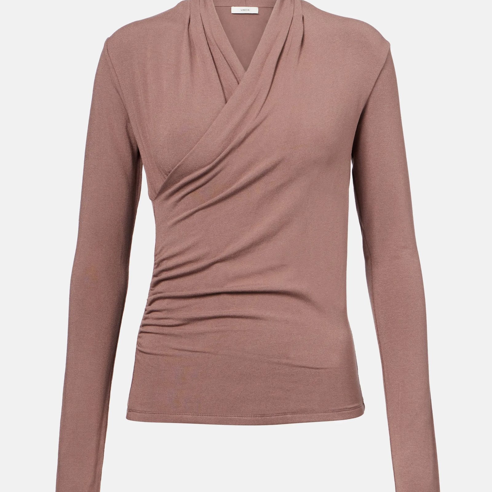 Vince Jersey wrap top in a dusty rose against a gray background